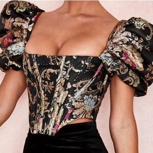 Akira Floral Brocade Jacquard Puff Sleeve Corset Top Women M Romantic Bridgerton